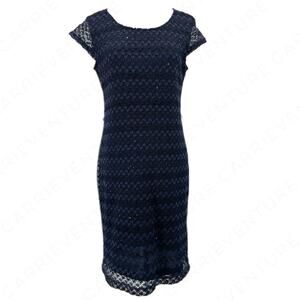 Sharagano Dress Deep Navy Blue Lace Overlay Sequin Shimmer Chevron Pattern Sz 6